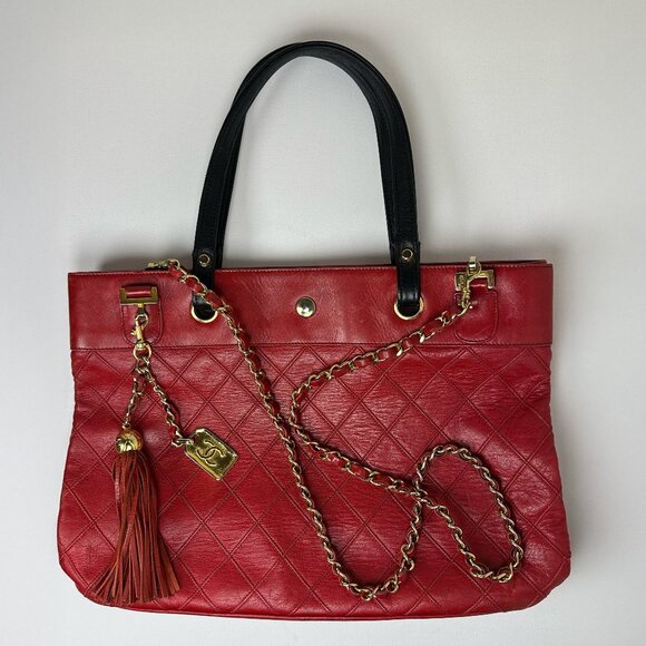 Vintage Chanel Red Quilted Lambskin Tassel Tote Bag – Rare 1990s Style - Picture 1 of 9